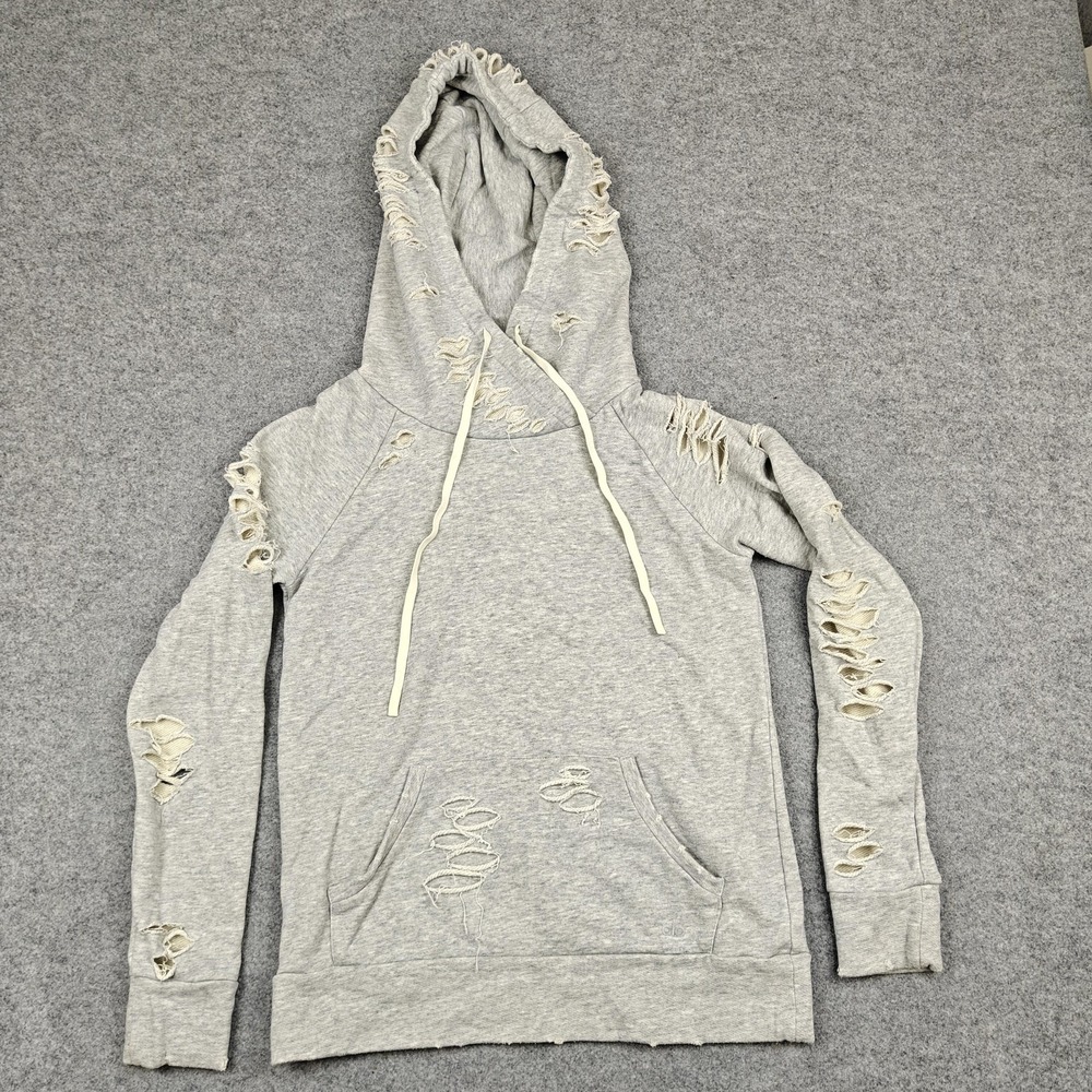 Alo Hoodie Womens Small Gray Distressed Pullover Raglan Sleeve Kangaroo Pocket